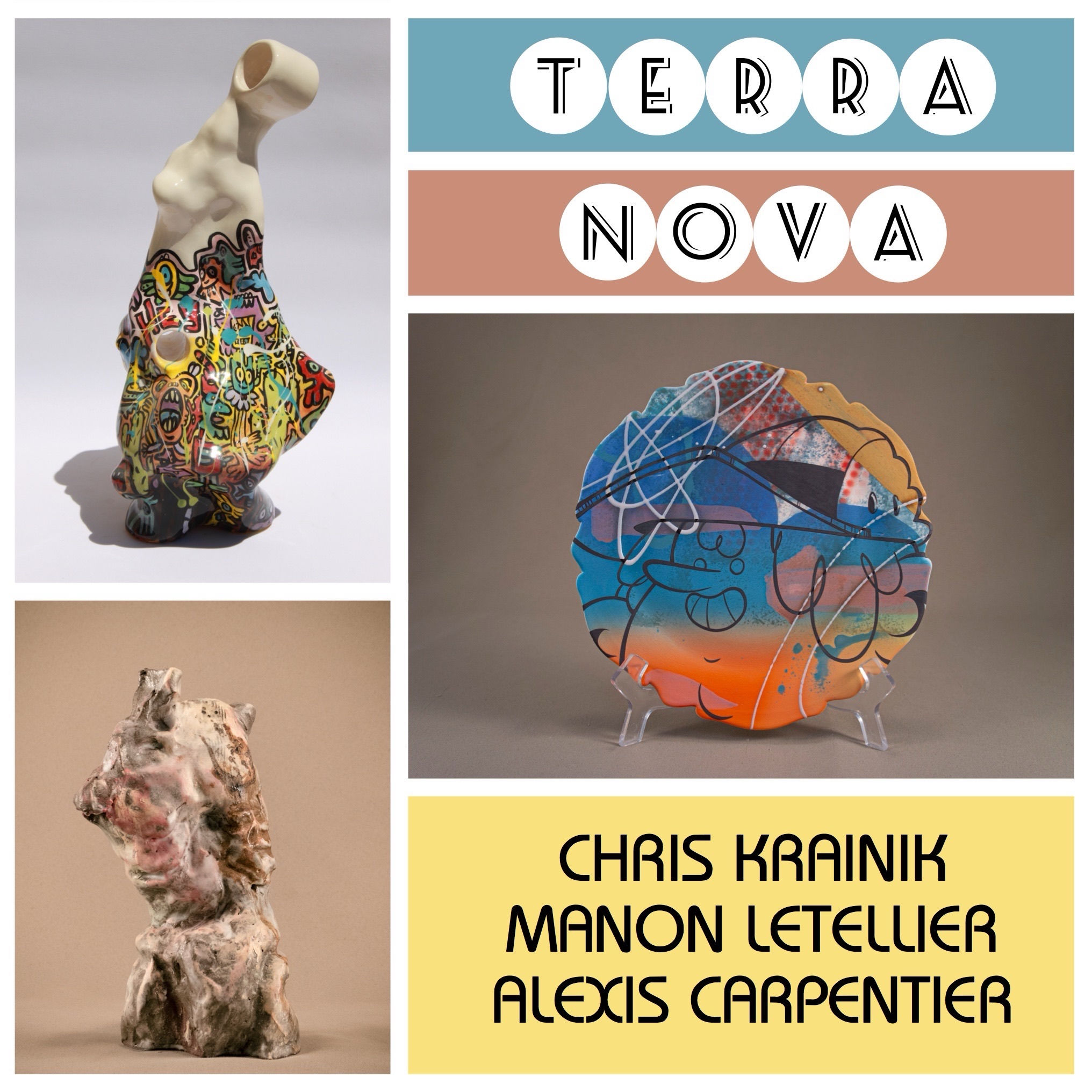 Visuel de l'exposition Terranova : céramiques de Chris Krainik, Manon Letellier et Alexis Carpentier